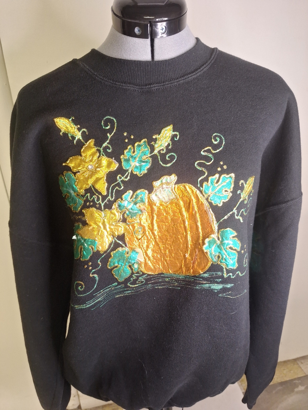 Black Sweatshirt with Gold Pumpkin & Teal Floral Iron On Applica Size XL
